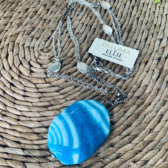 Blue Agate STONE PENDANT NECKLACE - NWT $45 TURQUOISE /Long Silver Tone Chain - Picture 5 of 12